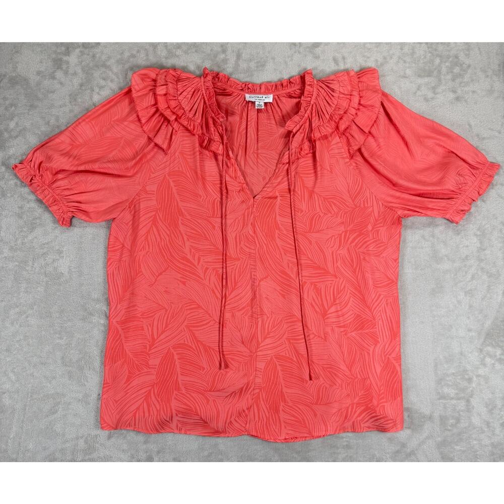 Current Air Blouse Small Coral Jacquard Leaf Ruffle Neck Puff Sleeve Boho Top